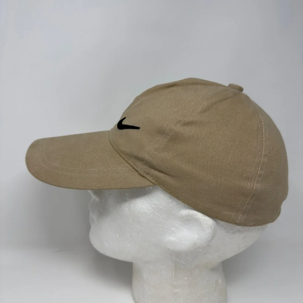 Vintage Nike Swoosh Hat Tan Khaki Made in Korea Adjustable Zip Strap Cap